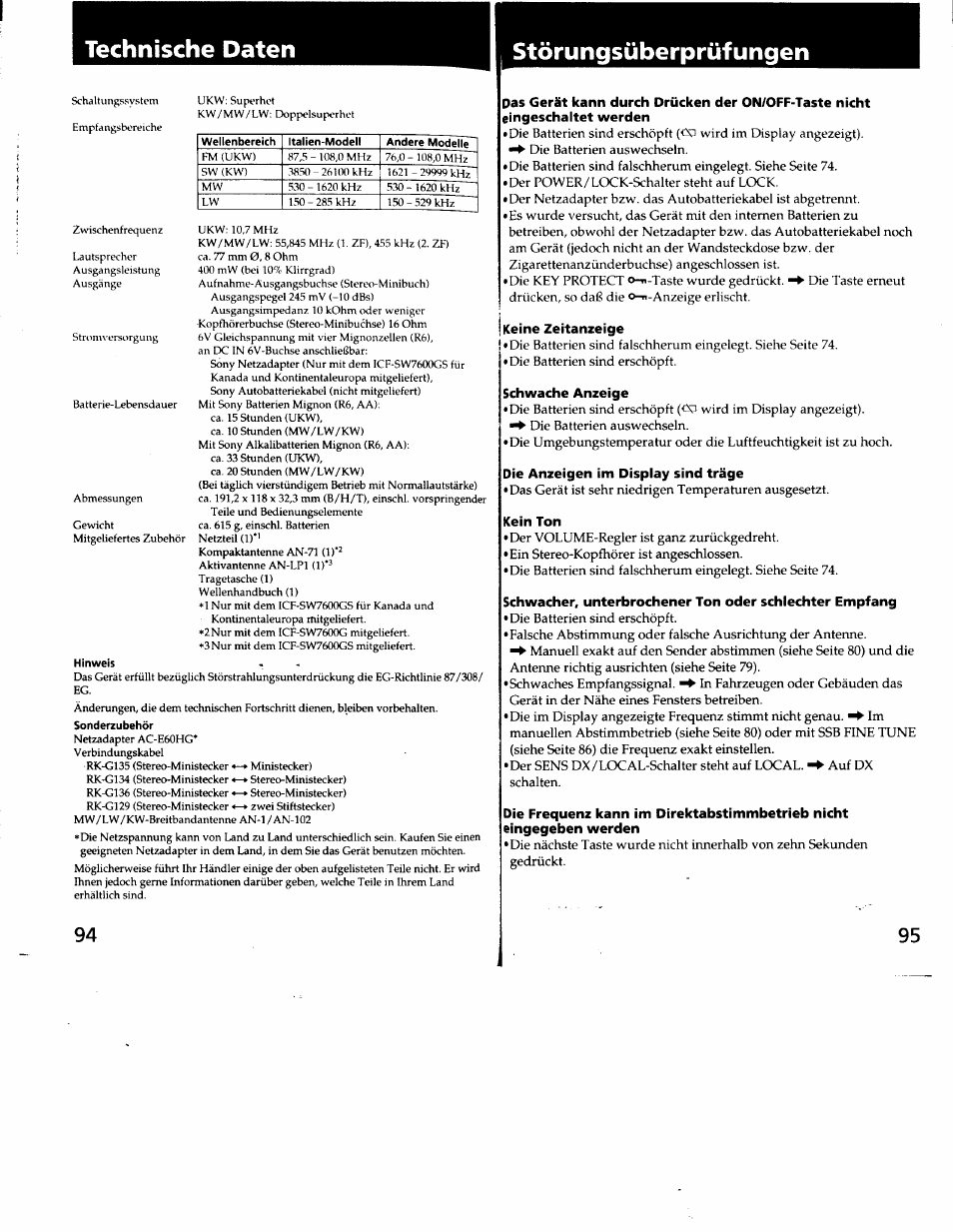 Technische daten, Störungsüberprüfungen, Eingeschaltet werden | Keine zeitanzeige, Schwache anzeige, Die anzeigen im display sind träge, Kein ton, Die frequenz kann im direktabstimmbetrieb nicht, Eingegeben werden, Technische daten störungsüberprüfungen | Sony ICF-SW7600G User Manual | Page 48 / 80