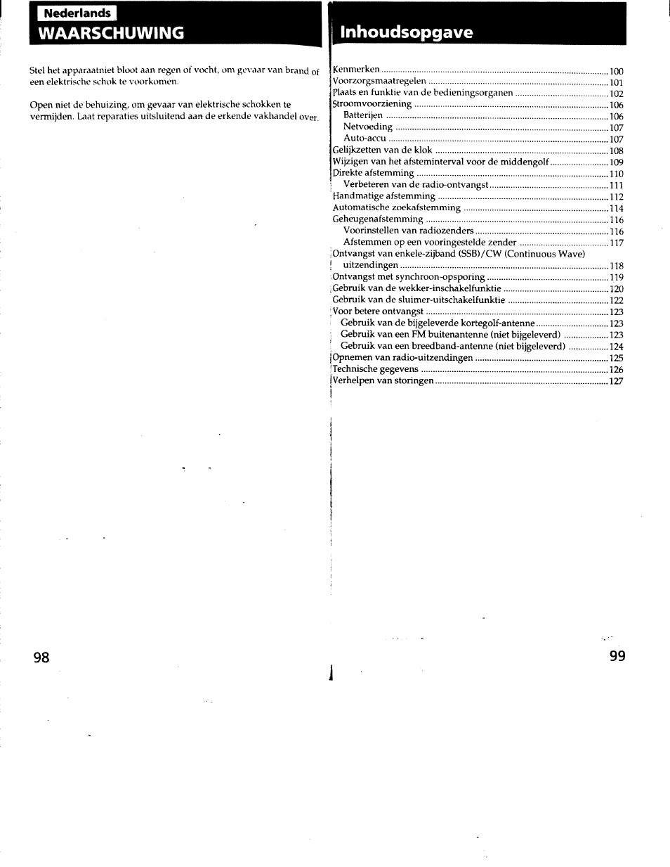 Nederlands, Waarschuwing, Inhoudsopgave | Sony ICF-SW7600G User Manual | Page 50 / 80