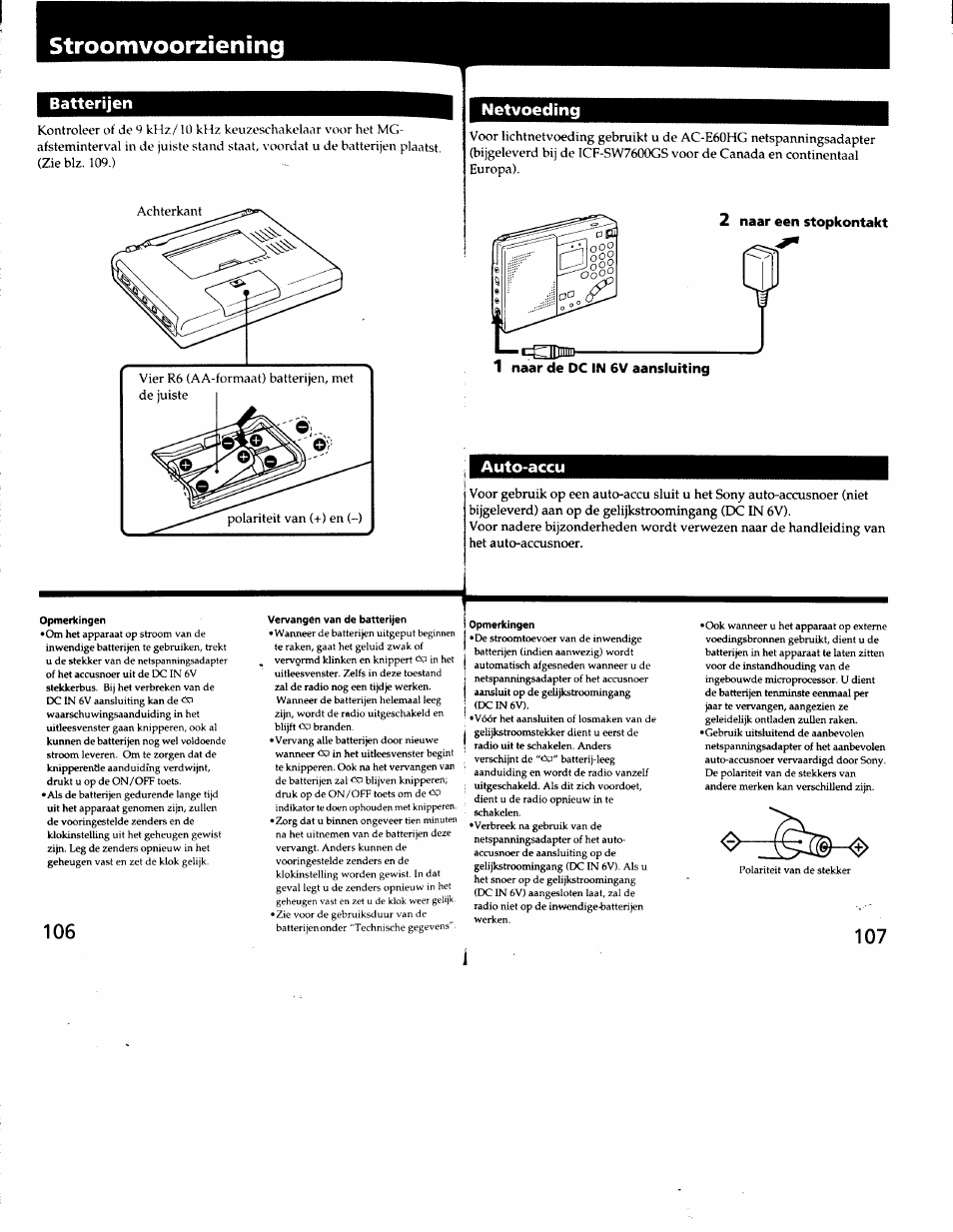 Stroomvoorzîening, Batterijen, Netvoeding | 2 naar een stopkontakt, Auto-accu, Stroomvoorziening, Batterijen netvoeding auto-accu | Sony ICF-SW7600G User Manual | Page 54 / 80