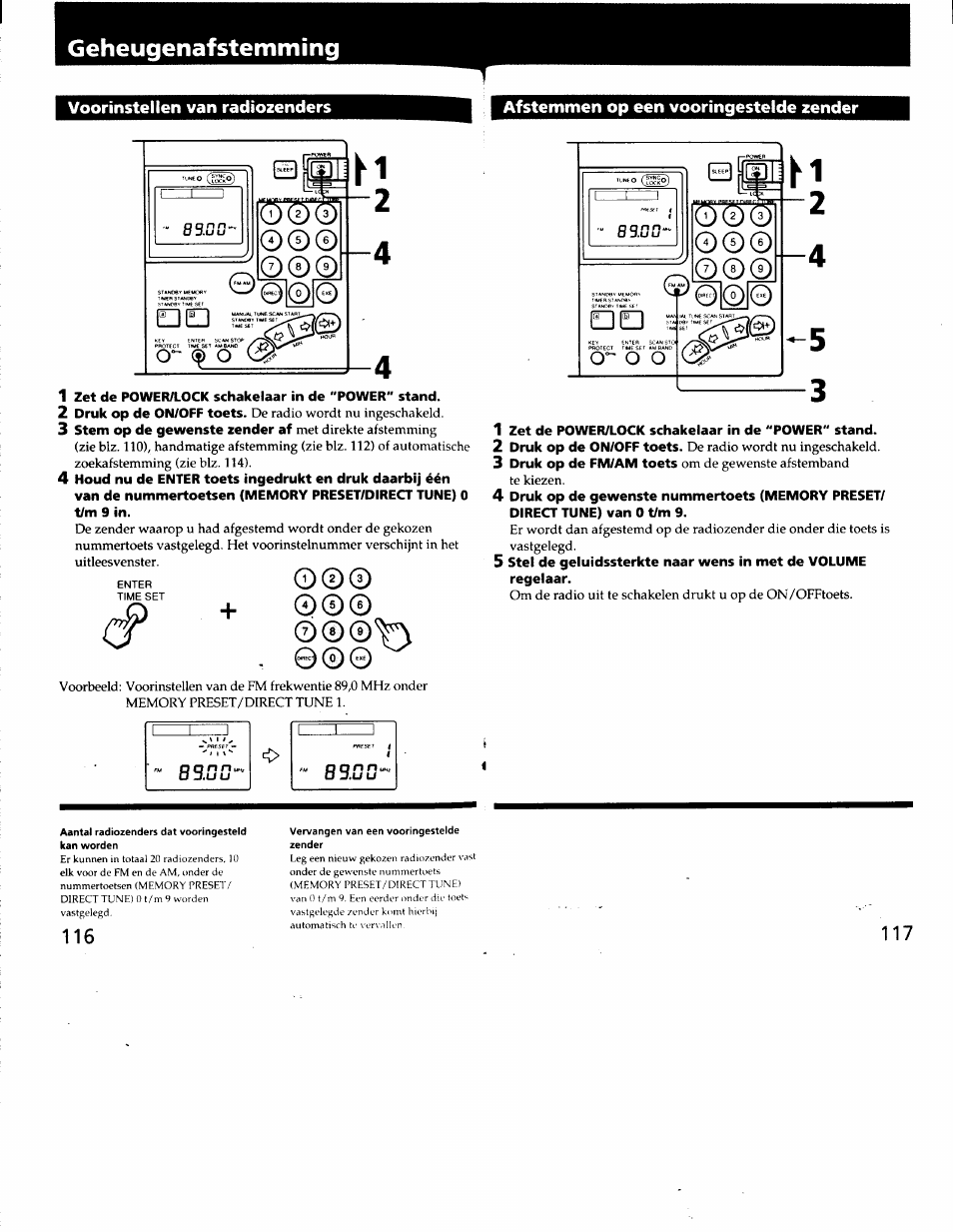 Voorinstelien van radiozenders, Afstemmen op een vooringestelde zender, 1 zet de power/lock schakelaar in de "power" stand | Geheugenafstemming | Sony ICF-SW7600G User Manual | Page 59 / 80