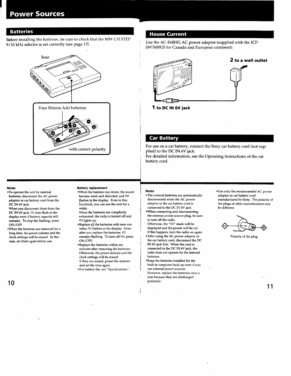 Power sources, Batteries, House current | Car battery, Batteries house current car battery | Sony ICF-SW7600G User Manual | Page 6 / 80