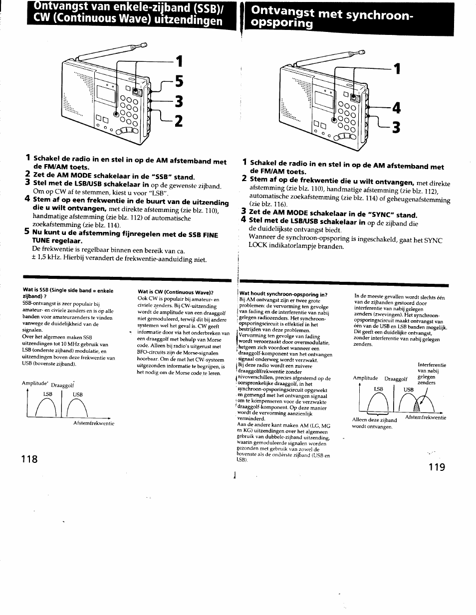 Ontvangst met synchroon- opsporing, 2 zet de am mode schakelaar in de "ssb" stand, Zet de am mode schakelaar in de "sync" stand | Iontvangst met synchroon-opsporing, Ontvangst met synchroon- opsporing 1 | Sony ICF-SW7600G User Manual | Page 60 / 80