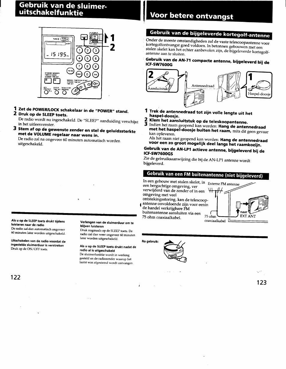 Gebruik van de sluimer- uitschakelfunktie, Voor betere ontvangst, Gebruik van de bijgeieverde kortegolf-antenne | Gebruik van de sluimer-uitschakelfunktie | Sony ICF-SW7600G User Manual | Page 62 / 80