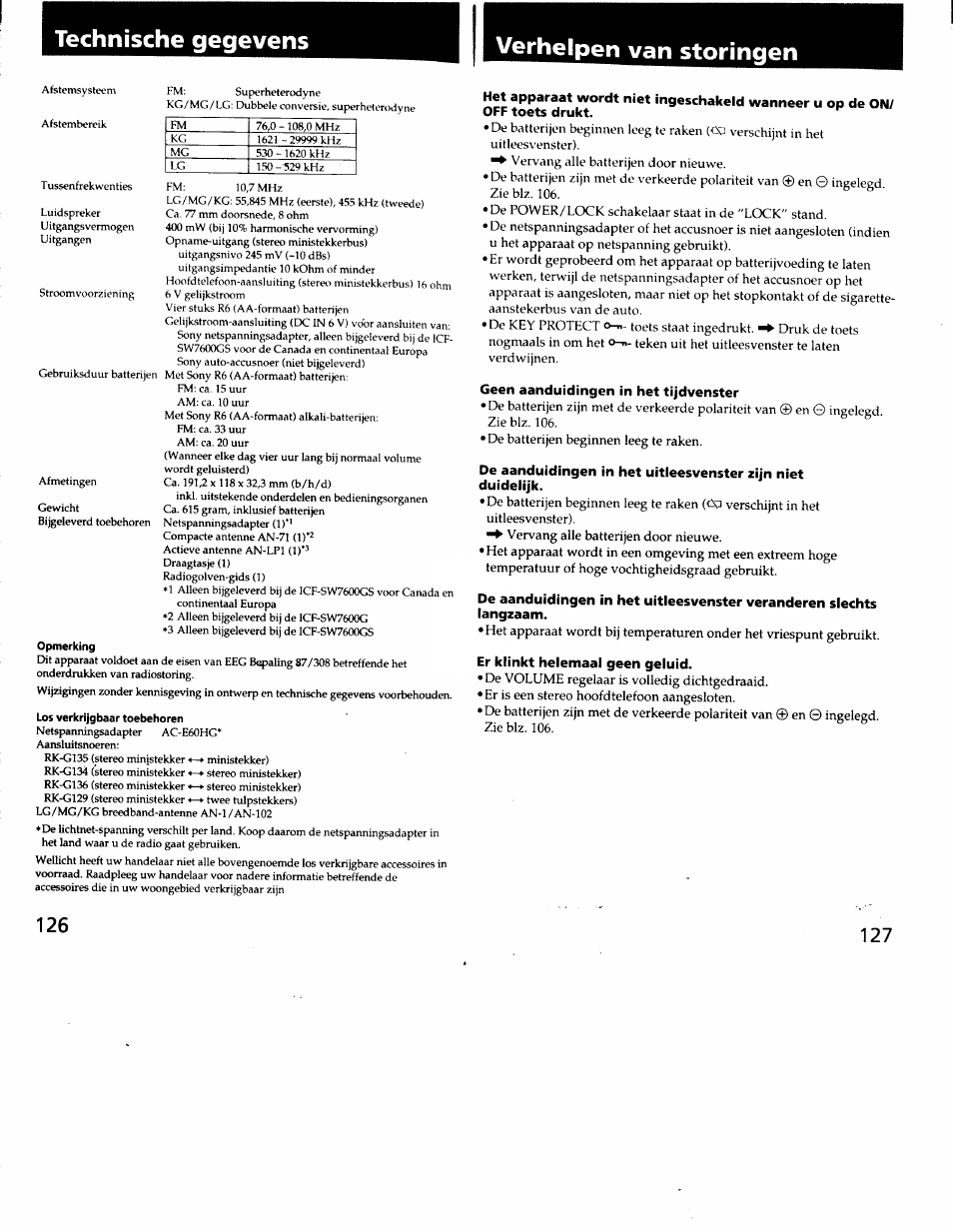 Verhelpen van storingen, Geen aanduidingen in het tijdvenster, Er klinkt helemaal geen geluid | Technische gegevens verhelpen van storingen | Sony ICF-SW7600G User Manual | Page 64 / 80