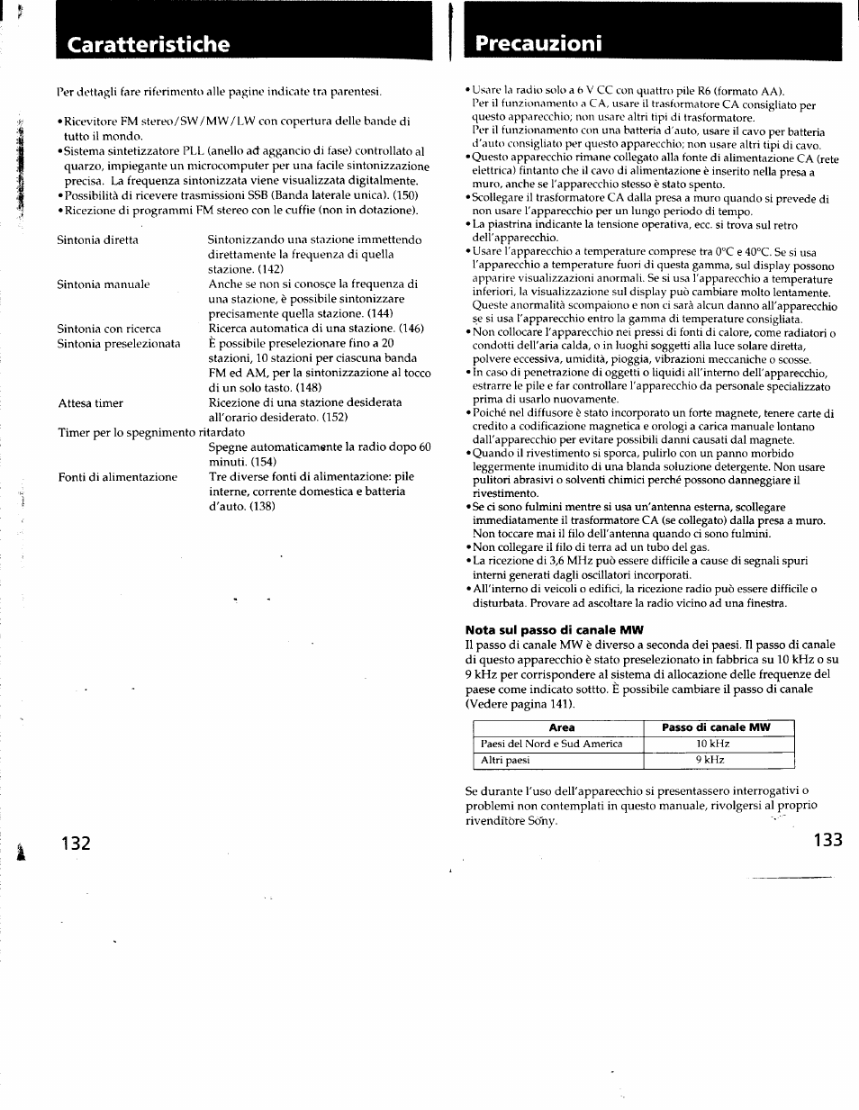 Nota sul passo di canale mw, Caratteristiche precauzioni | Sony ICF-SW7600G User Manual | Page 67 / 80