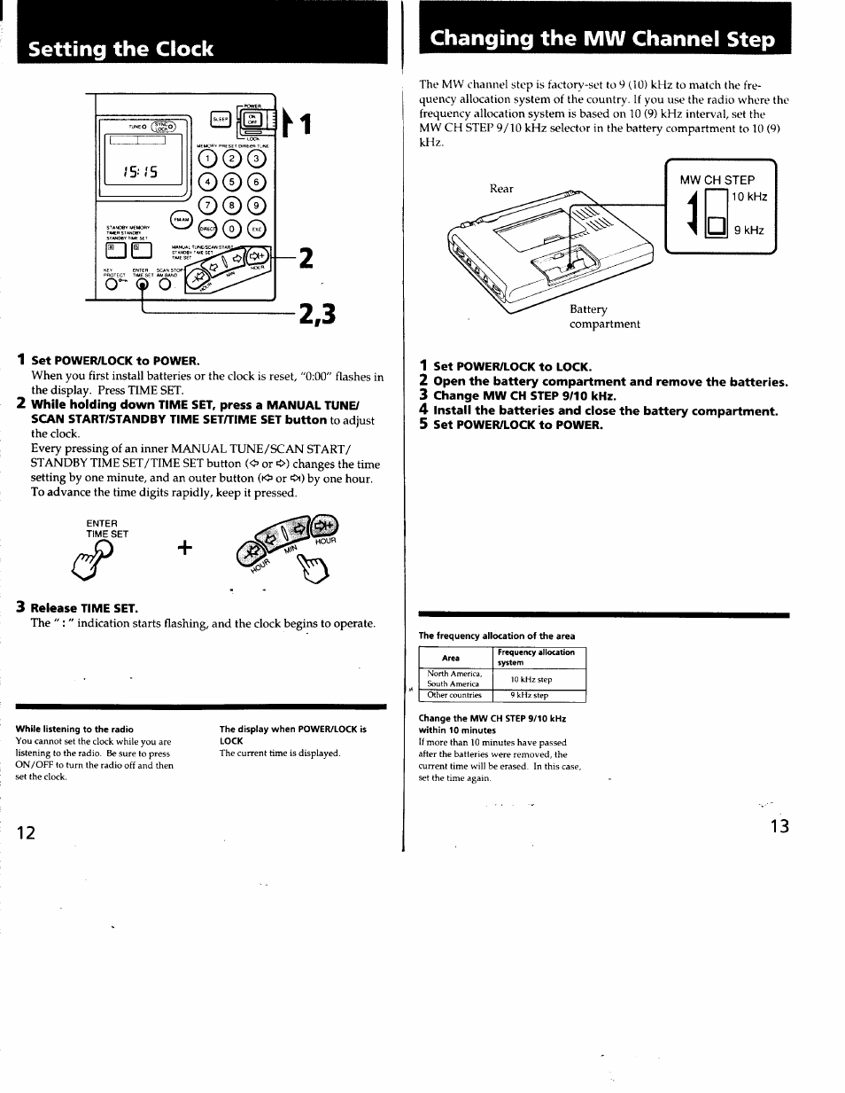 1 set power/lock to power, 3 release time set, Changing the mw channel step | Set power/lock to lock, Setting the clock, O 0 © o 0 | Sony ICF-SW7600G User Manual | Page 7 / 80