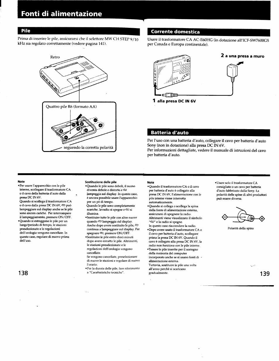 Fonti di alimentazione, Corrente domestica, Batteria d'auto | Sony ICF-SW7600G User Manual | Page 70 / 80