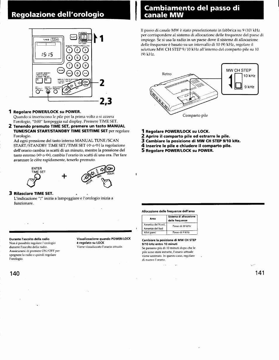 Regolazione deh'orologio, Cambiamento del passo di canale mw, 1 regolare power/lock su power | 3 rilasciare time set, 1 regolare power/lock su lock, 2 aprire il comparto pile ed estrarre le pile, 3 cambiare la posizione di mw ch step 9/10 khz, 4 inserire le pile e chiudere il comparto pile, 5 regolare power/lock su power | Sony ICF-SW7600G User Manual | Page 71 / 80