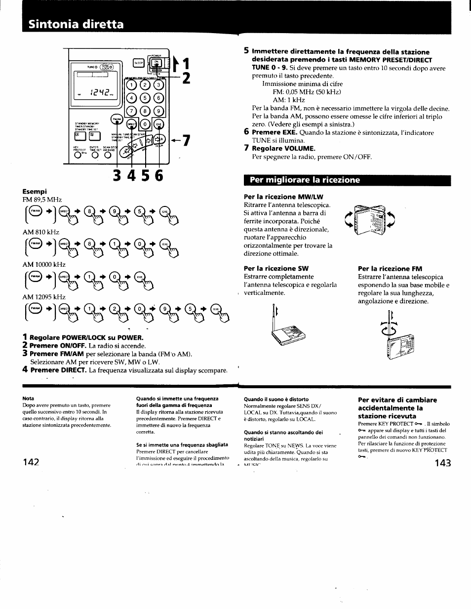 1 regolare power/lock su power, 7 regolare volume, Per migliorare la ricezione | Per la ricezione mw/lw, Per la ricezione sw, Per la ricezione fm, Sintonia diretta, J^© j | Sony ICF-SW7600G User Manual | Page 72 / 80