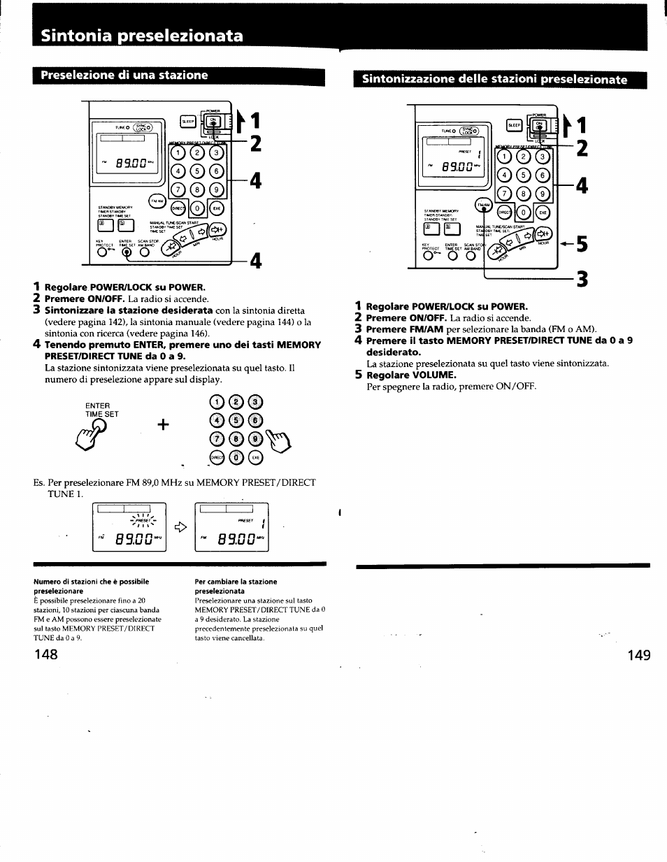 Sintonizzazione delle stazioni preselezionate, 1 regolare power/lock su power, 5 regolare volume | Sintonizzazione delle stctzioni preselezionate, O © 0, S ”© © ©0, Sintonia preselezionata | Sony ICF-SW7600G User Manual | Page 75 / 80