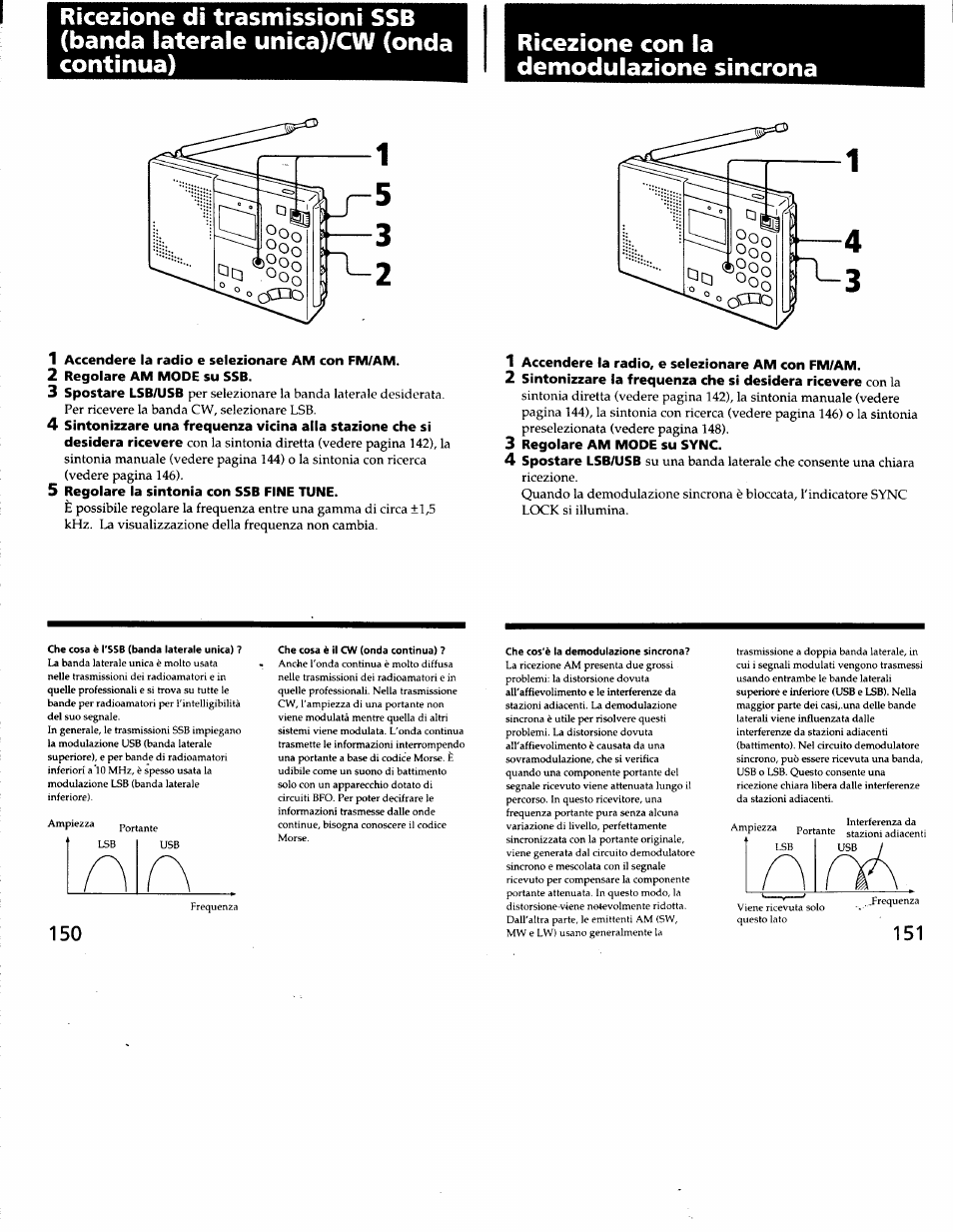 1 accendere la radio e selezionare am con fm/am, 2 regolare am mode su ssb, 5 regolare la sintonia con ssb fine tune | Regolare am mode su sync | Sony ICF-SW7600G User Manual | Page 76 / 80