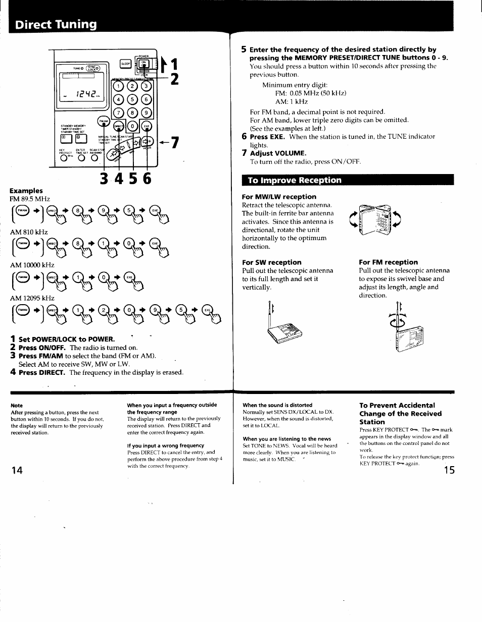 Examples, 1 set power/lock to power, 7 adjust volume | To improve reception, For mw/lw reception, For sw reception, For fm reception, Direct tuning | Sony ICF-SW7600G User Manual | Page 8 / 80