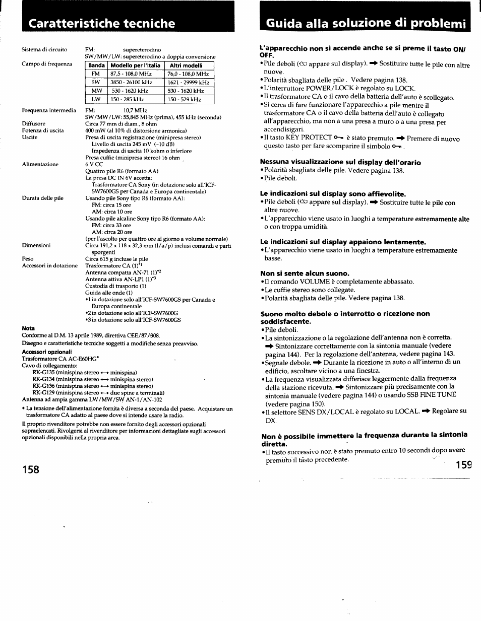 Guida alla soluzione di problemi, Nessuna visualizzazione sul display dell'orario, Le indicazioni sul display sono affievolite | Le indicazioni sul display appaiono lentamente, Non si sente alcun suono, Suono molto debole o interrotto o ricezione non, Soddisfacente, Diretta | Sony ICF-SW7600G User Manual | Page 80 / 80