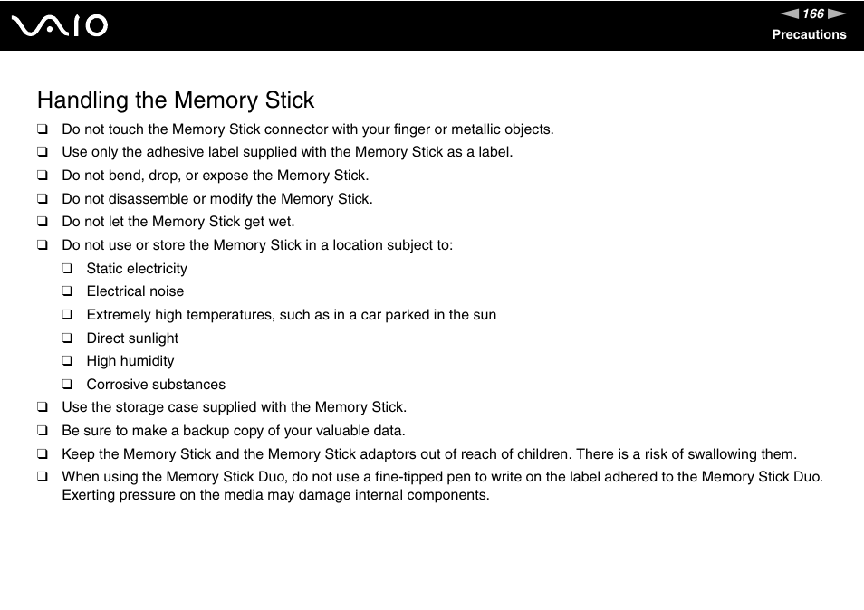 Handling the memory stick | Sony VGN-Z690N User Manual | Page 166 / 222