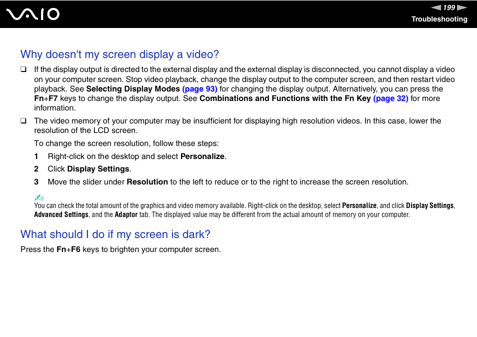 Why doesn't my screen display a video, What should i do if my screen is dark | Sony VGN-Z690N User Manual | Page 199 / 222