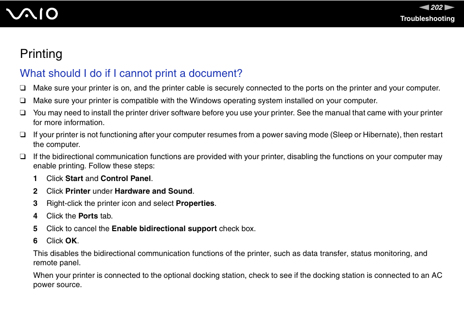 Printing, Inting, What should i do if i cannot print a document | Sony VGN-Z690N User Manual | Page 202 / 222