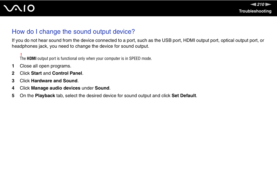 How do i change the sound output device | Sony VGN-Z690N User Manual | Page 210 / 222