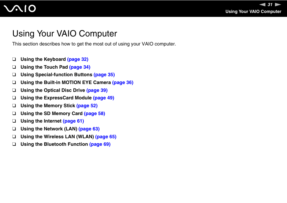 Using your vaio computer | Sony VGN-Z690N User Manual | Page 31 / 222