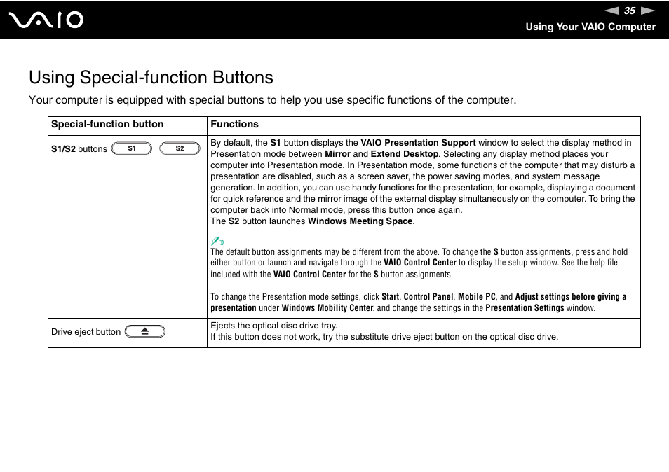 Using special-function buttons | Sony VGN-Z690N User Manual | Page 35 / 222