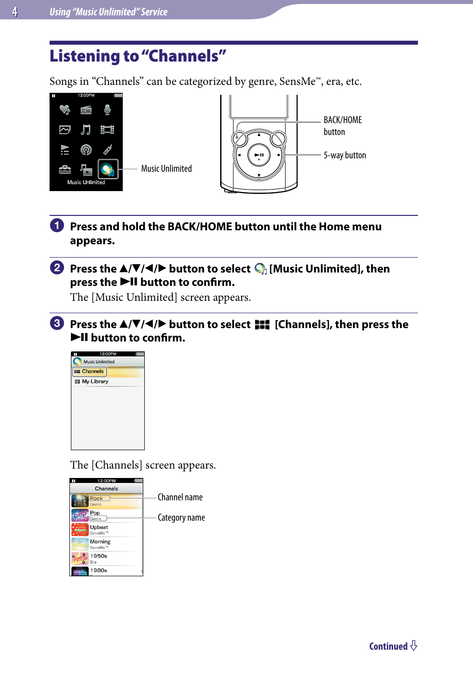 Listening to “channels | Sony NWZ-E463PNK User Manual | Page 4 / 8