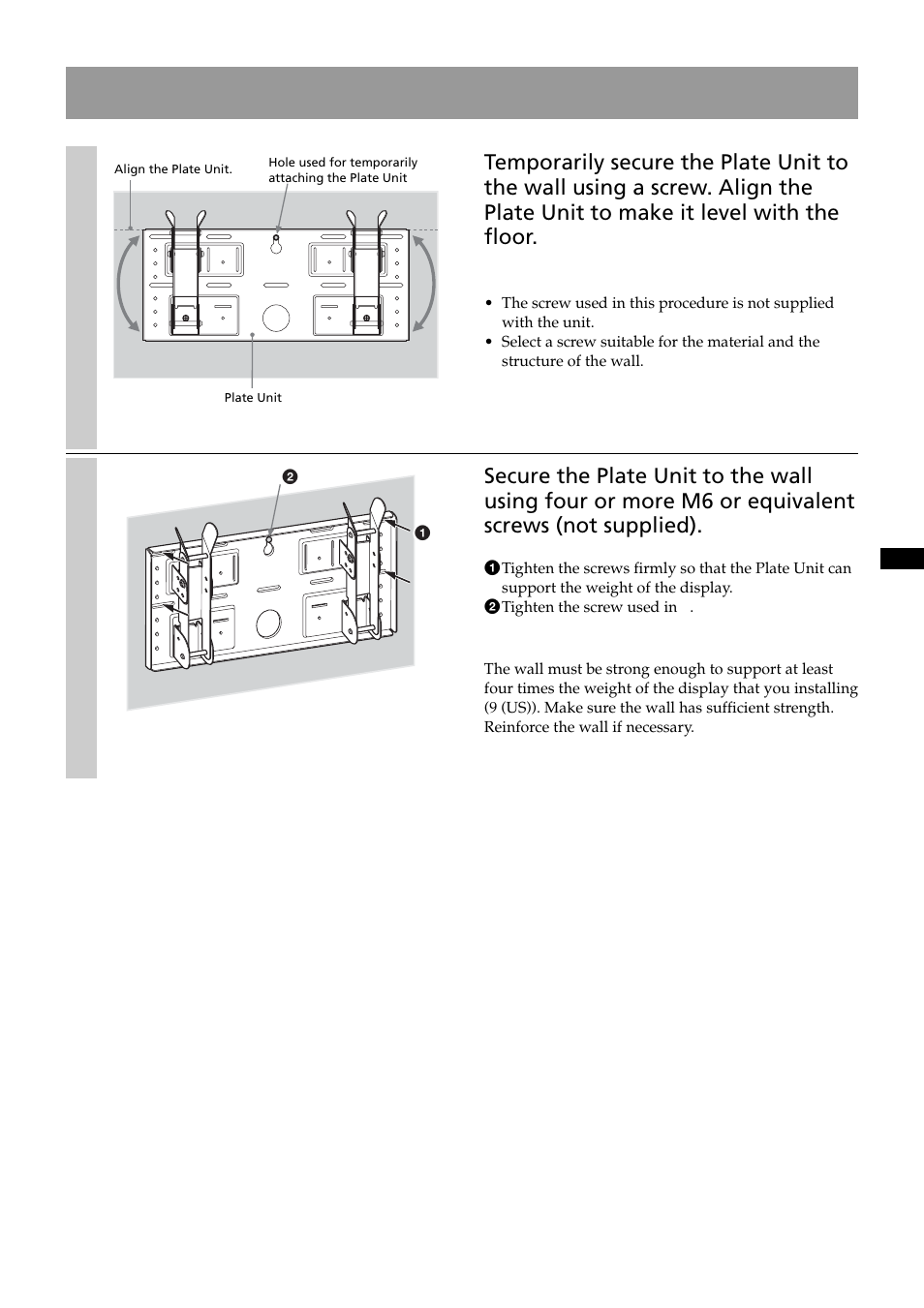 Step 4: install the plate unit on the wall | Sony SU-LW1 User Manual | Page 11 / 64