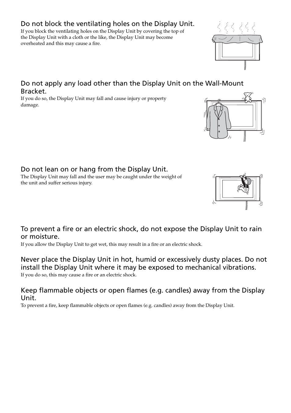 Do not lean on or hang from the display unit | Sony SU-LW1 User Manual | Page 4 / 64