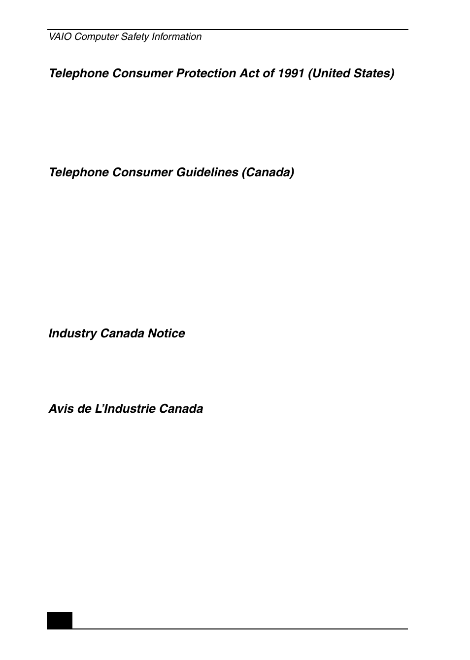 Telephone consumer guidelines (canada), Industry canada notice, Avis de l’industrie canada | Sony VGC-RB41P User Manual | Page 8 / 12