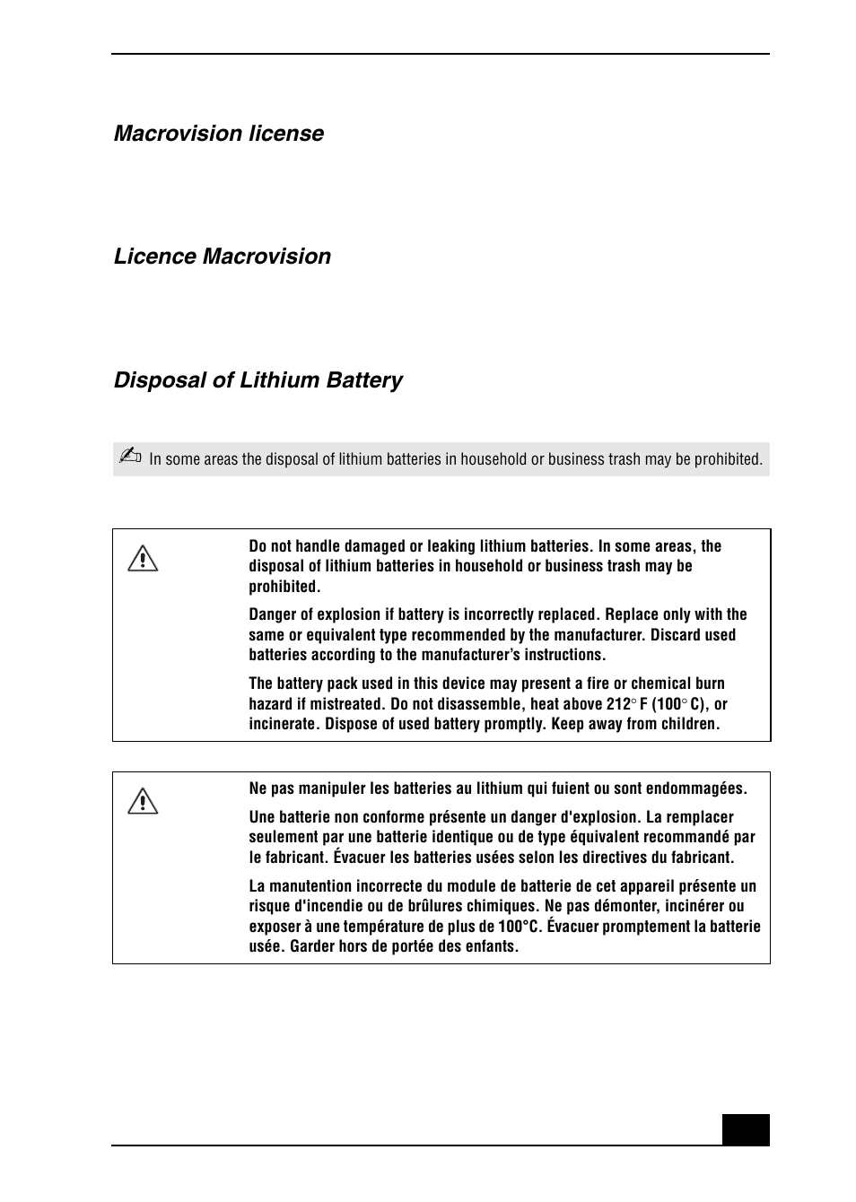 Macrovision license, Licence macrovision, Disposal of lithium battery | Sony VGC-RB41P User Manual | Page 9 / 12