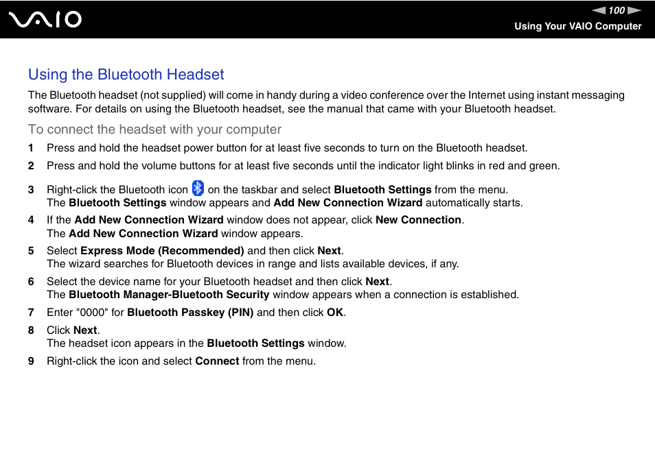 Using the bluetooth headset | Sony VGN-FE890N User Manual | Page 100 / 231