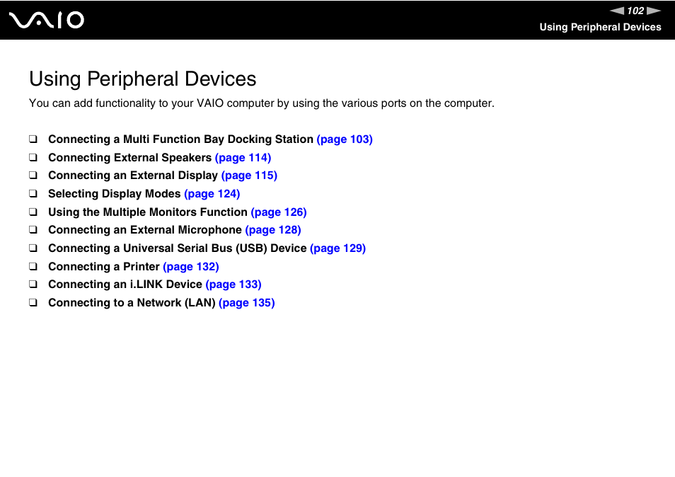 Using peripheral devices | Sony VGN-FE890N User Manual | Page 102 / 231