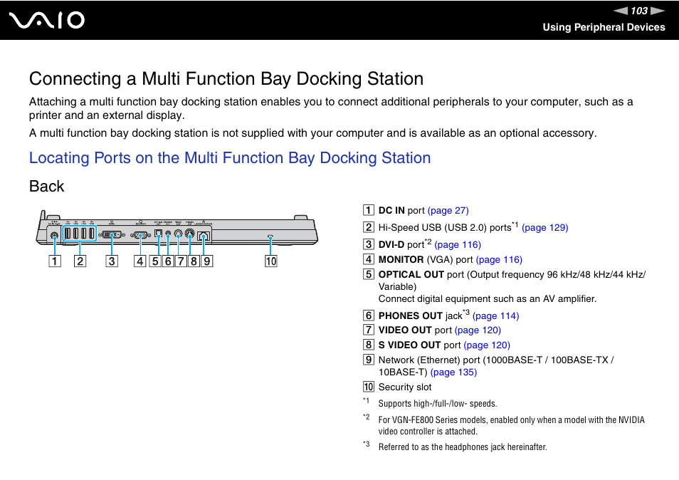 Connecting a multi function bay docking station | Sony VGN-FE890N User Manual | Page 103 / 231