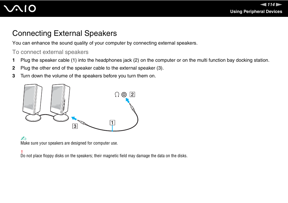 Connecting external speakers | Sony VGN-FE890N User Manual | Page 114 / 231