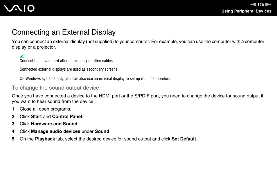 Connecting an external display | Sony VGN-FE890N User Manual | Page 115 / 231