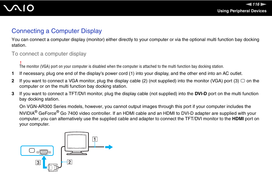 Connecting a computer display | Sony VGN-FE890N User Manual | Page 116 / 231