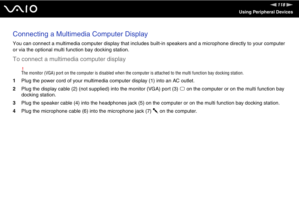 Connecting a multimedia computer display | Sony VGN-FE890N User Manual | Page 118 / 231