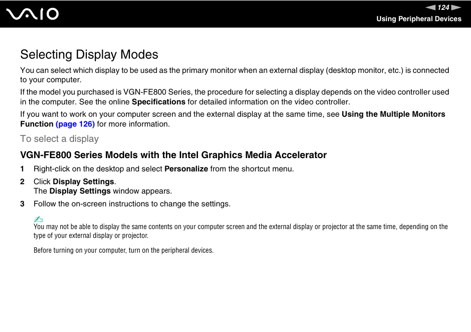 Selecting display modes | Sony VGN-FE890N User Manual | Page 124 / 231