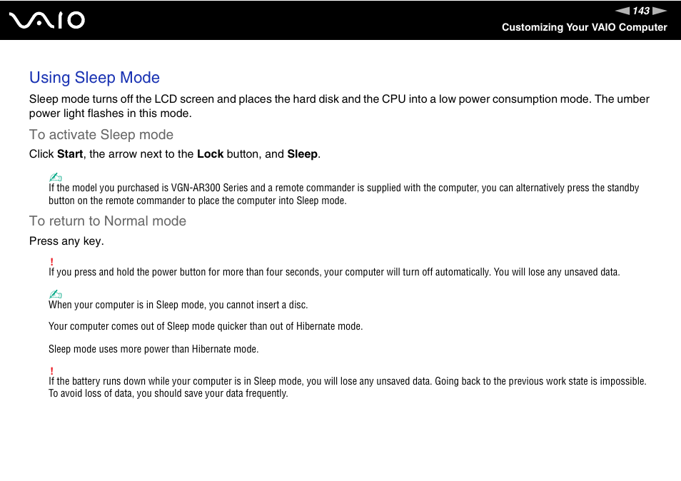 Using sleep mode | Sony VGN-FE890N User Manual | Page 143 / 231