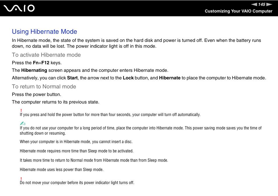 Using hibernate mode | Sony VGN-FE890N User Manual | Page 145 / 231