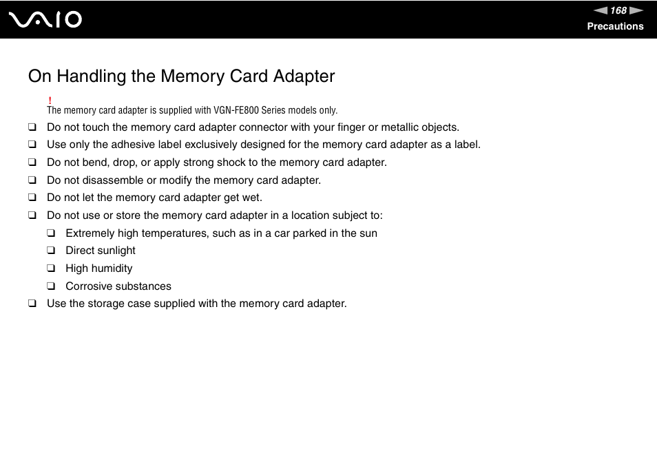 On handling the memory card adapter | Sony VGN-FE890N User Manual | Page 168 / 231