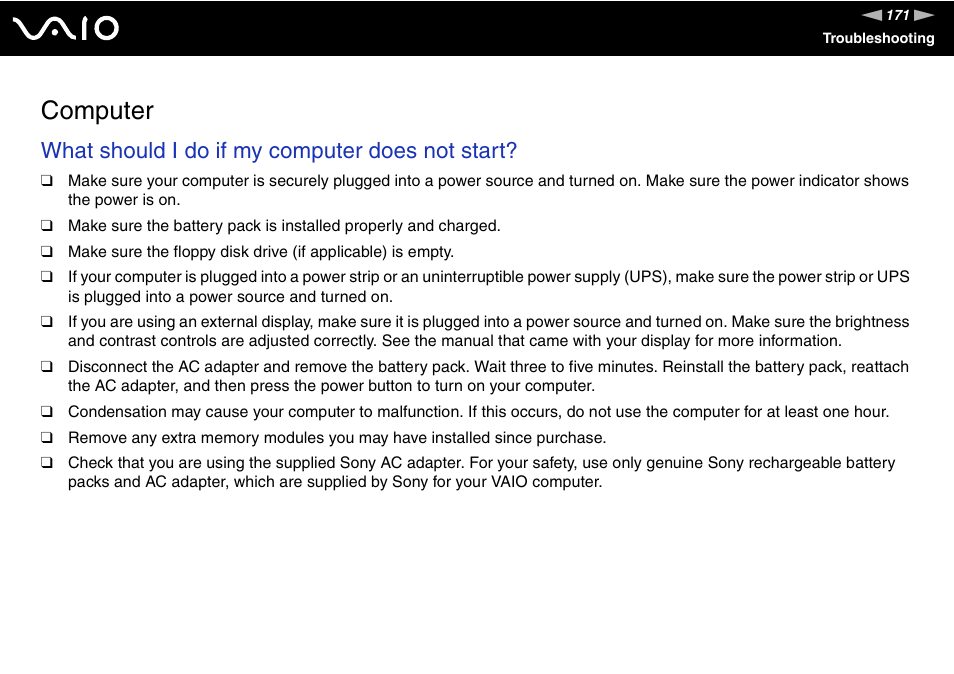 Computer, What should i do if my computer does not start | Sony VGN-FE890N User Manual | Page 171 / 231