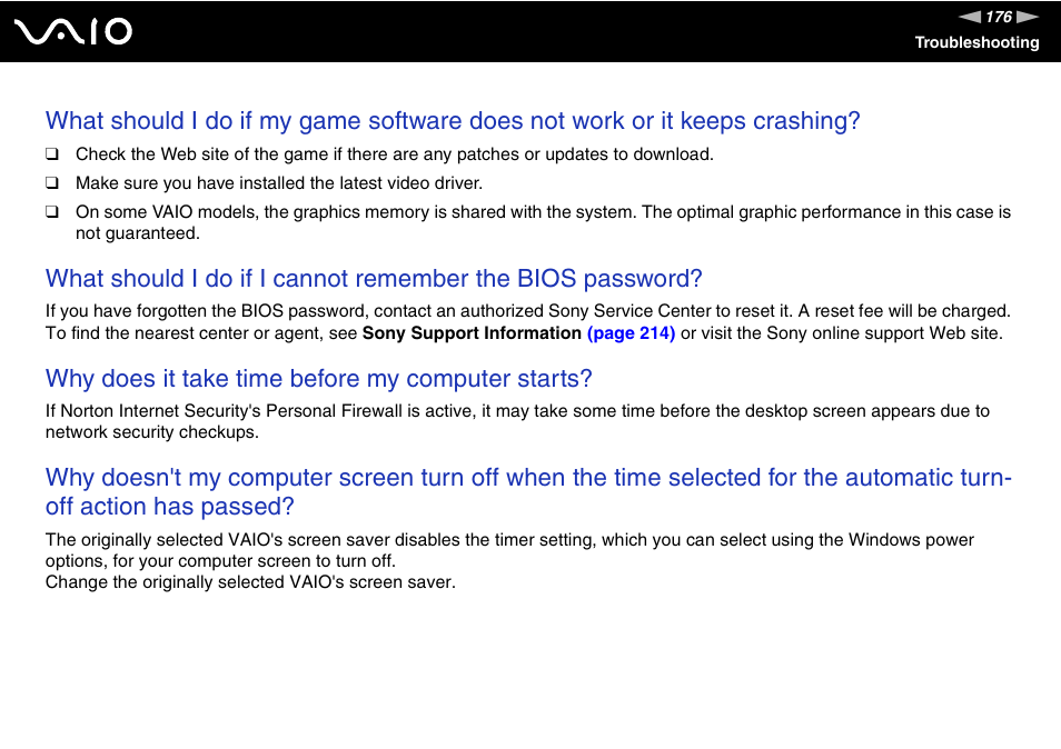 Why does it take time before my computer starts | Sony VGN-FE890N User Manual | Page 176 / 231