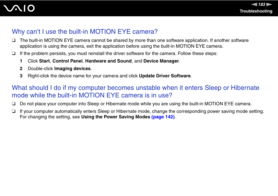 Why can't i use the built-in motion eye camera | Sony VGN-FE890N User Manual | Page 183 / 231