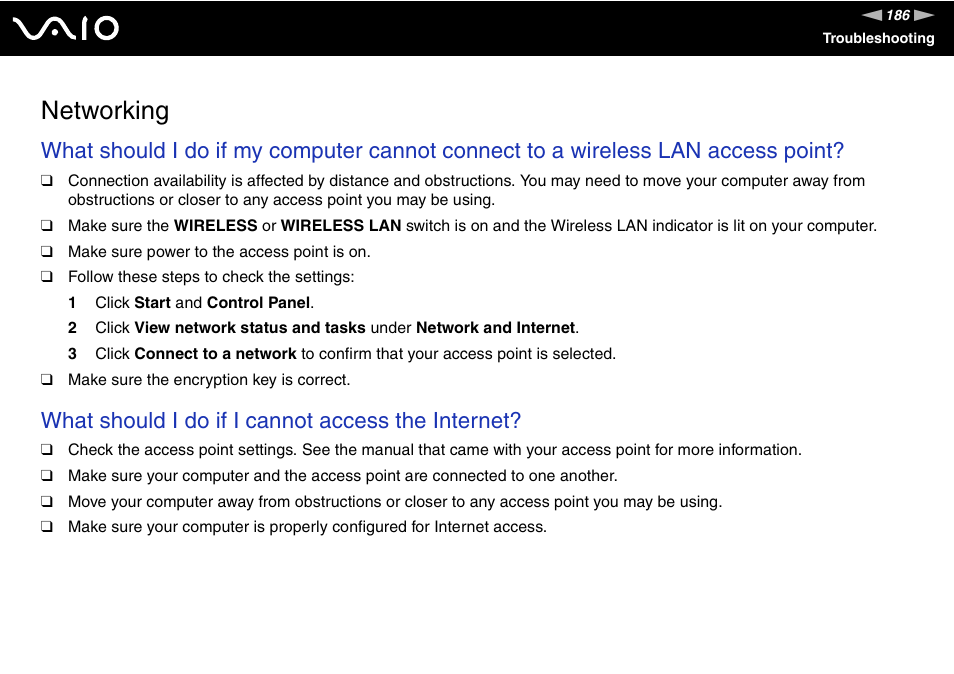 Networking, What should i do if i cannot access the internet | Sony VGN-FE890N User Manual | Page 186 / 231