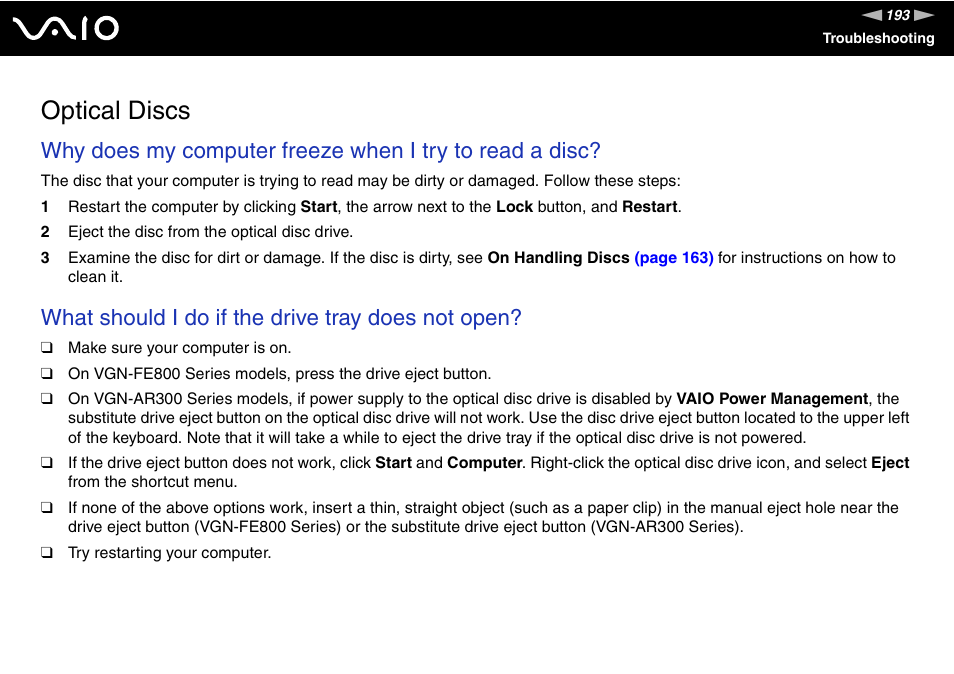 Optical discs, What should i do if the drive tray does not open | Sony VGN-FE890N User Manual | Page 193 / 231