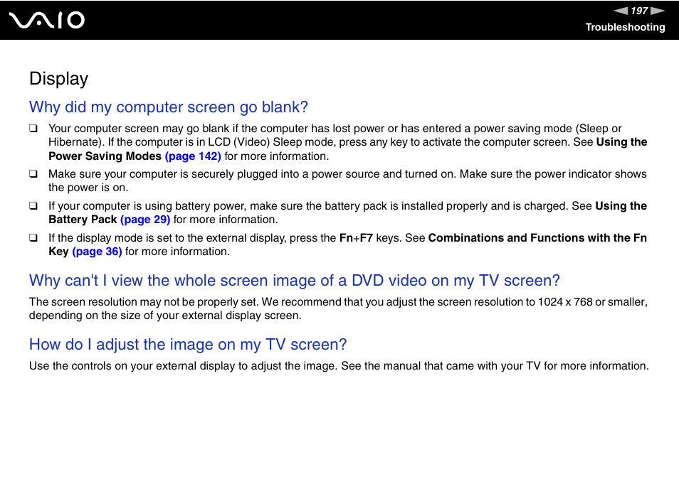 Display, Why did my computer screen go blank, How do i adjust the image on my tv screen | Sony VGN-FE890N User Manual | Page 197 / 231