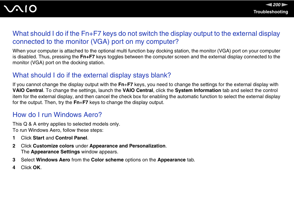 How do i run windows aero | Sony VGN-FE890N User Manual | Page 200 / 231