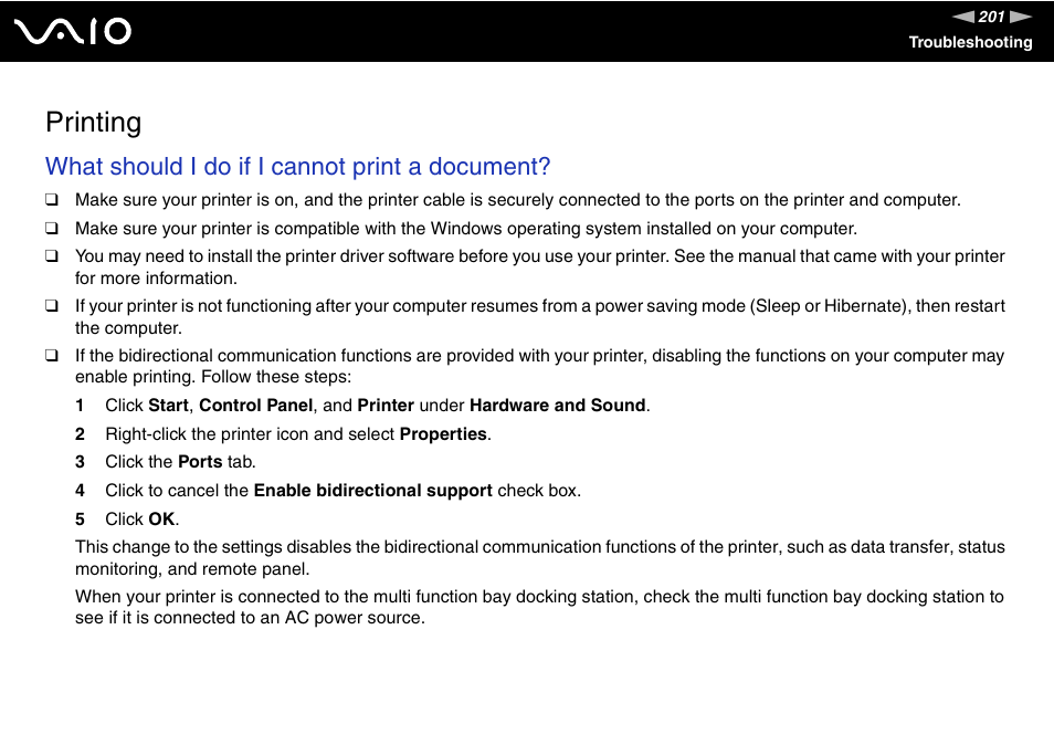 Printing, Inting, What should i do if i cannot print a document | Sony VGN-FE890N User Manual | Page 201 / 231