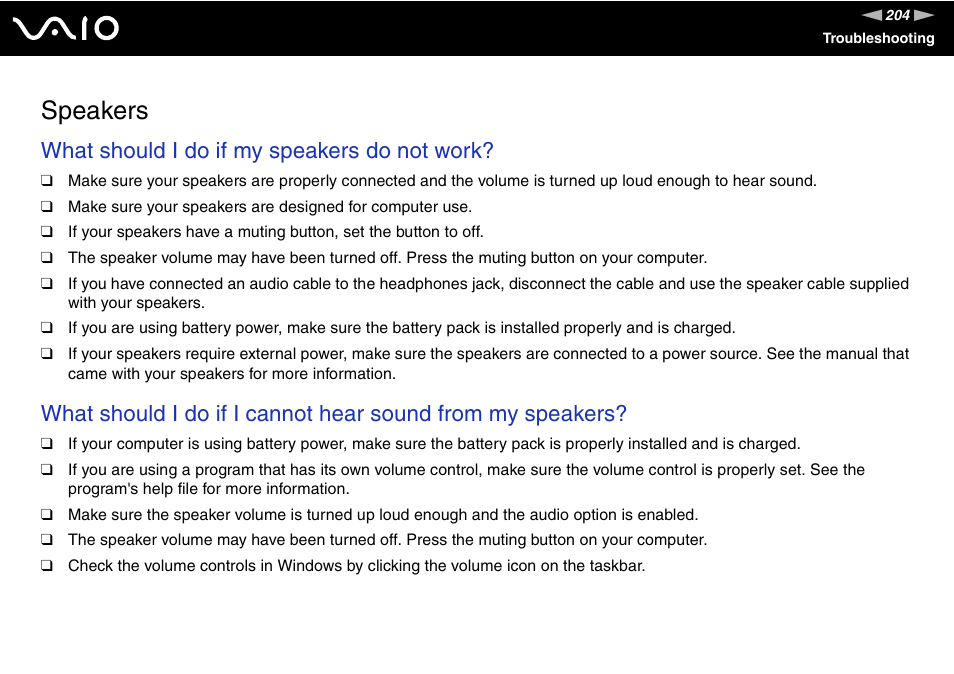 Speakers, What should i do if my speakers do not work | Sony VGN-FE890N User Manual | Page 204 / 231