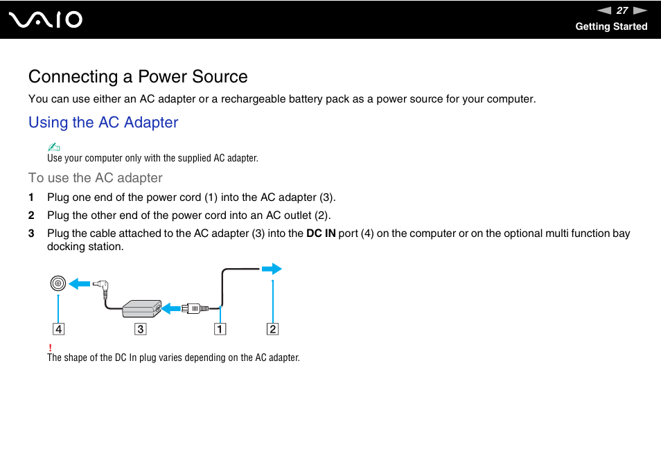 Connecting a power source, Using the ac adapter | Sony VGN-FE890N User Manual | Page 27 / 231