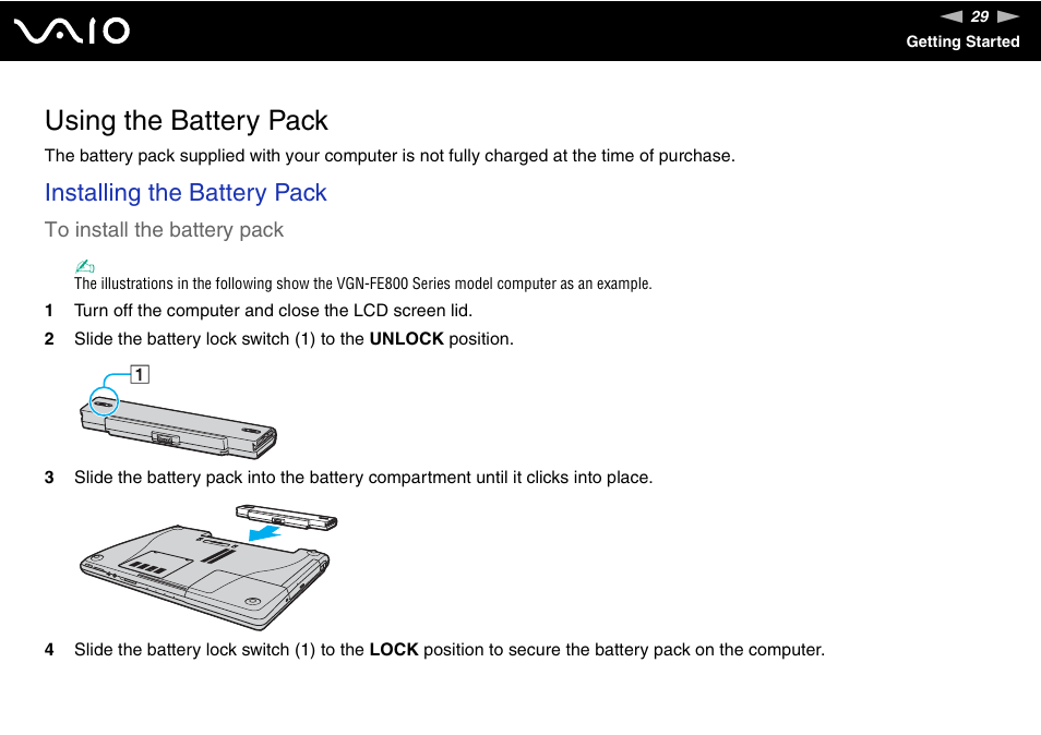 Using the battery pack, Installing the battery pack | Sony VGN-FE890N User Manual | Page 29 / 231